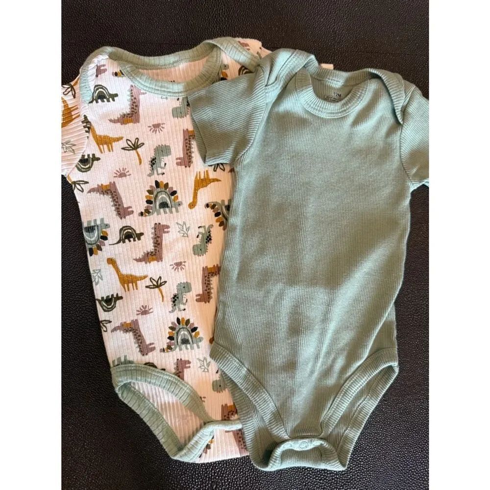 Dinosaur Print and Solid Green Kids One Pieces bundle of two size 12 months